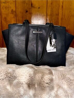 Nine West Black Leather Tote with Logo Charm